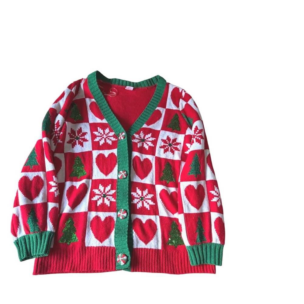 Holiday Time Christmas Cardigan Red White Green Sequin Tree Heart Sweater Medium
